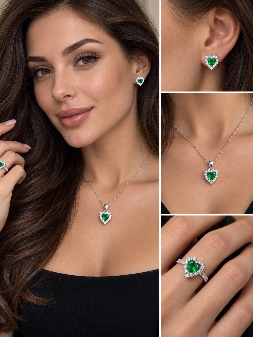 925 Sterling Silver Green Heart Jewelry Set Ring Earrings Pendant 5.30g